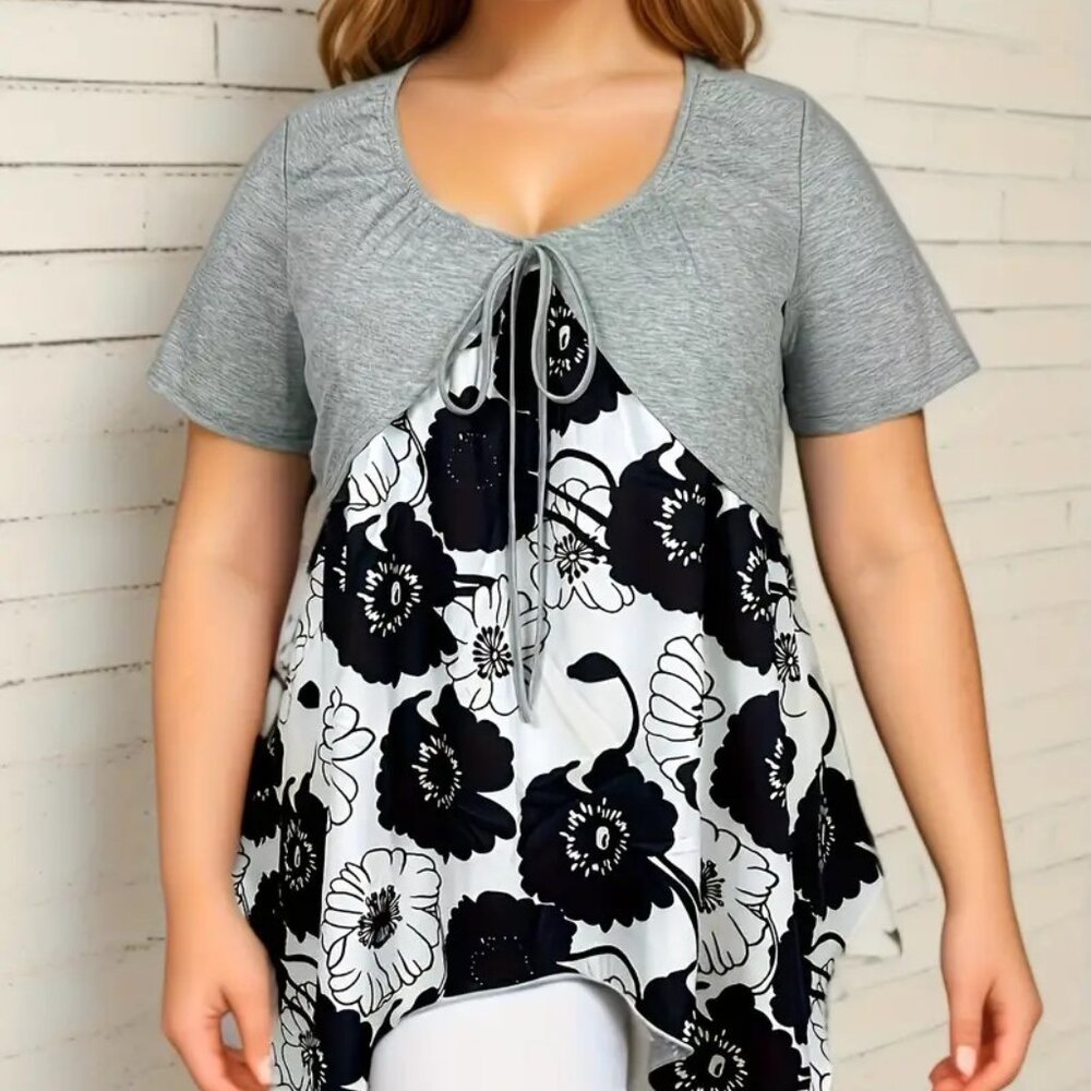 Women's Plus Size Elegant Floral Print Grey Summer Vacation Blouse Top 20W & 22W